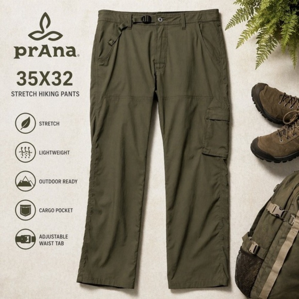 prAna Stretch‎ Hiking Pants Men 35x32 Olive Green Cargo Outdoor Nylon